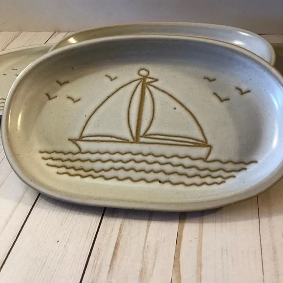 Sailboat Rustic Oval Plate/Platter/Tray  Pottery - Picture 2 of 4